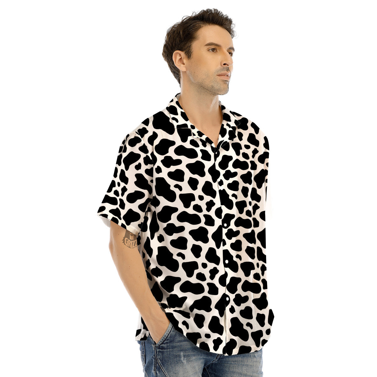 Black Cow Print Pattern Men’s Hawaiian Shirt-grizzshop