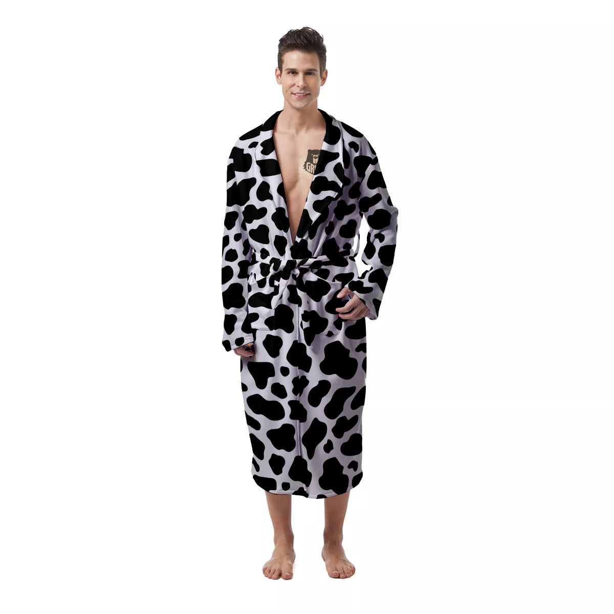 Black Cow Print Pattern Men's Robe-grizzshop