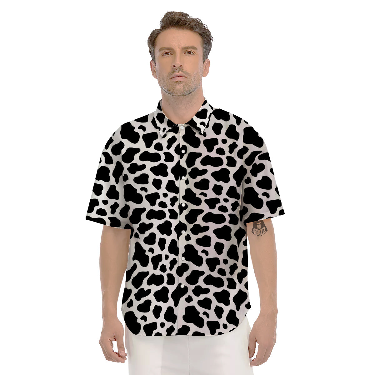 Black Cow Print Pattern Men's Short Sleeve Shirts-grizzshop