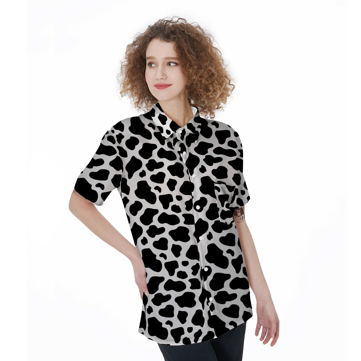 Black Cow Print Pattern Women's Short Sleeve Shirts-grizzshop