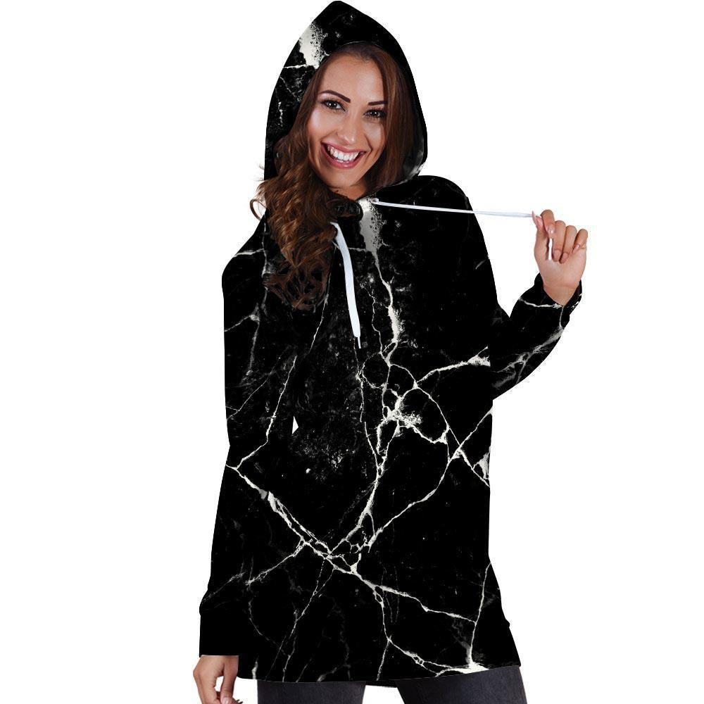 Black Cracked Marble Hoodie Dress-grizzshop