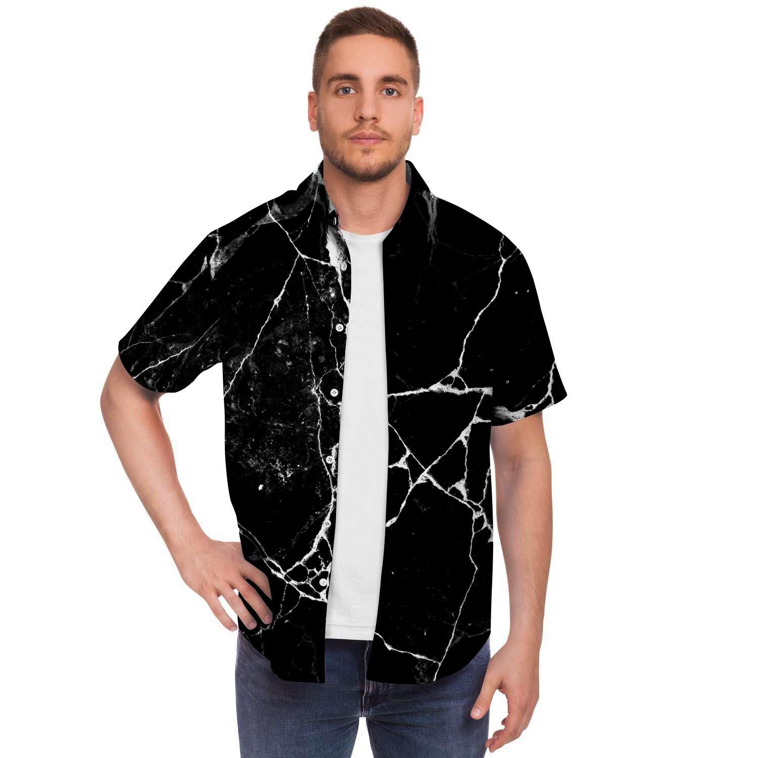 Black Cracked Marble Men's Short Sleeve Shirt-grizzshop