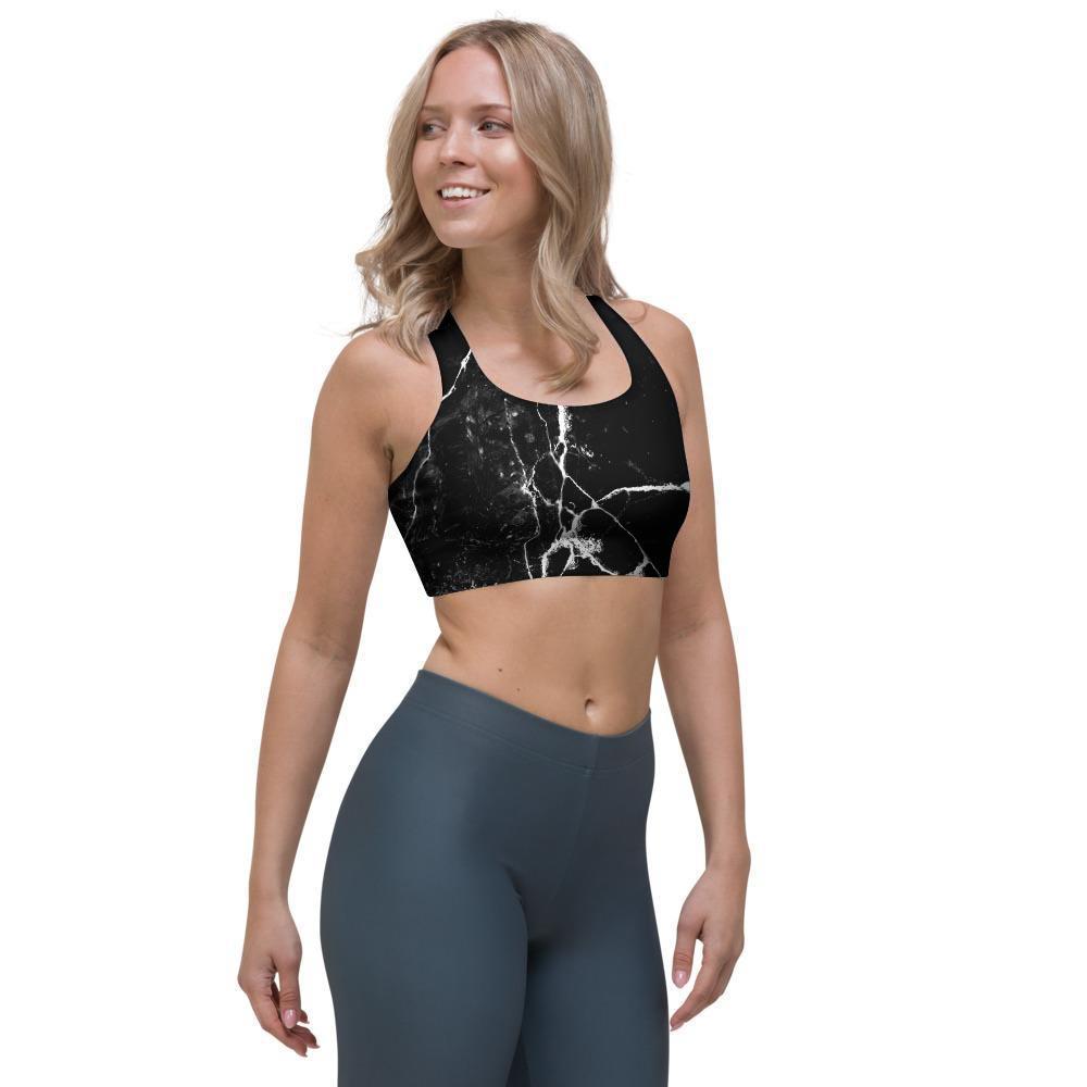 Black Cracked Marble Sports Bra-grizzshop