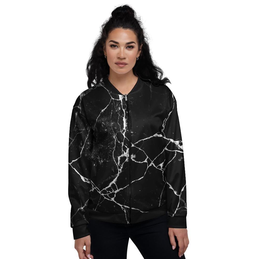 Black Cracked Marble Women's Bomber Jacket-grizzshop
