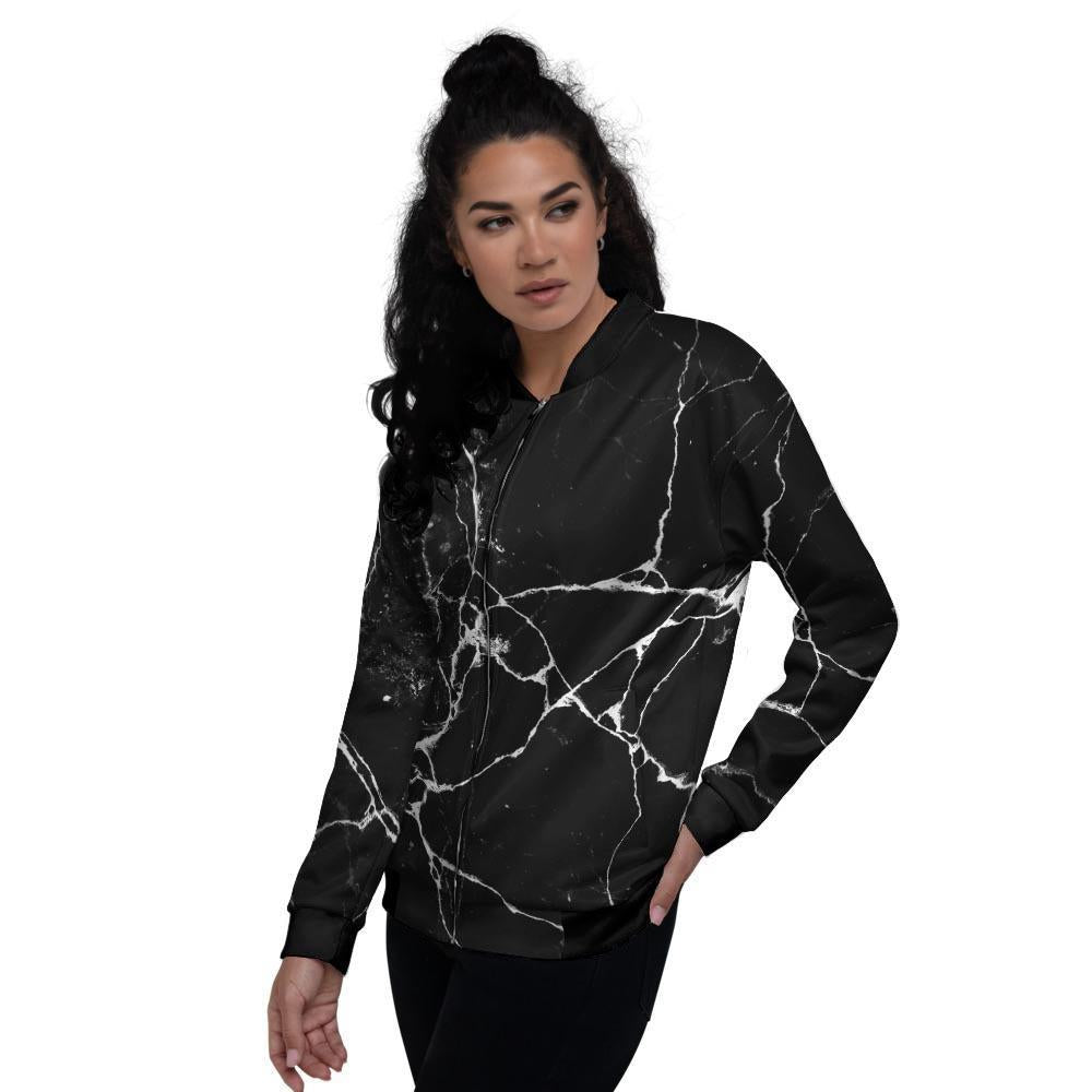 Black Cracked Marble Women's Bomber Jacket-grizzshop