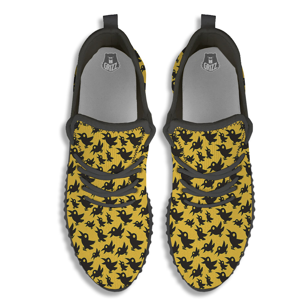 Black Crow Yellow Print Pattern Black Walking Shoes-grizzshop