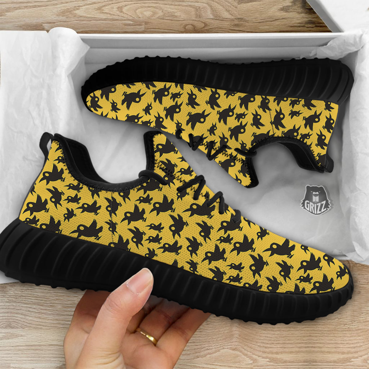 Black Crow Yellow Print Pattern Black Walking Shoes-grizzshop