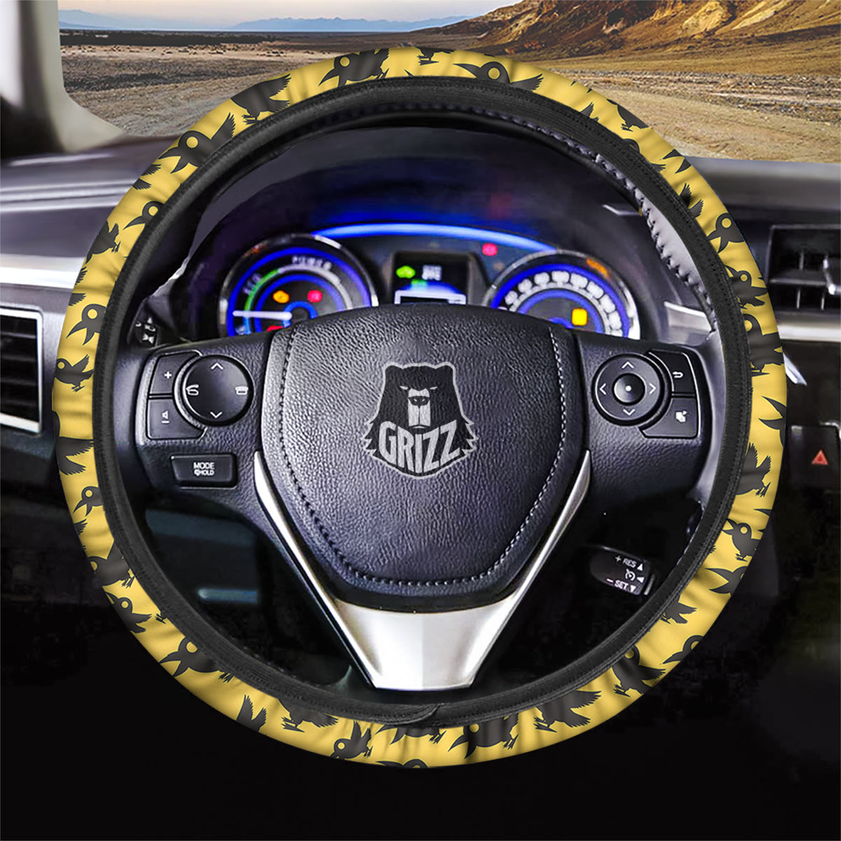 Black Crow Yellow Print Pattern Car Steering Wheel Cover-grizzshop