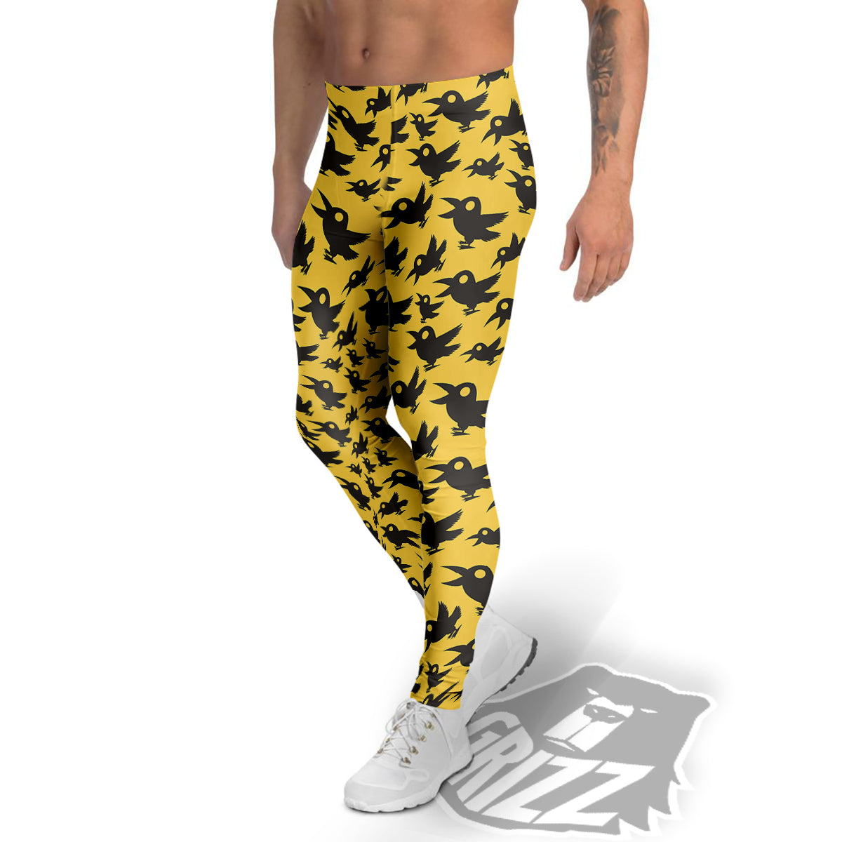 Black Crow Yellow Print Pattern Men's Leggings-grizzshop