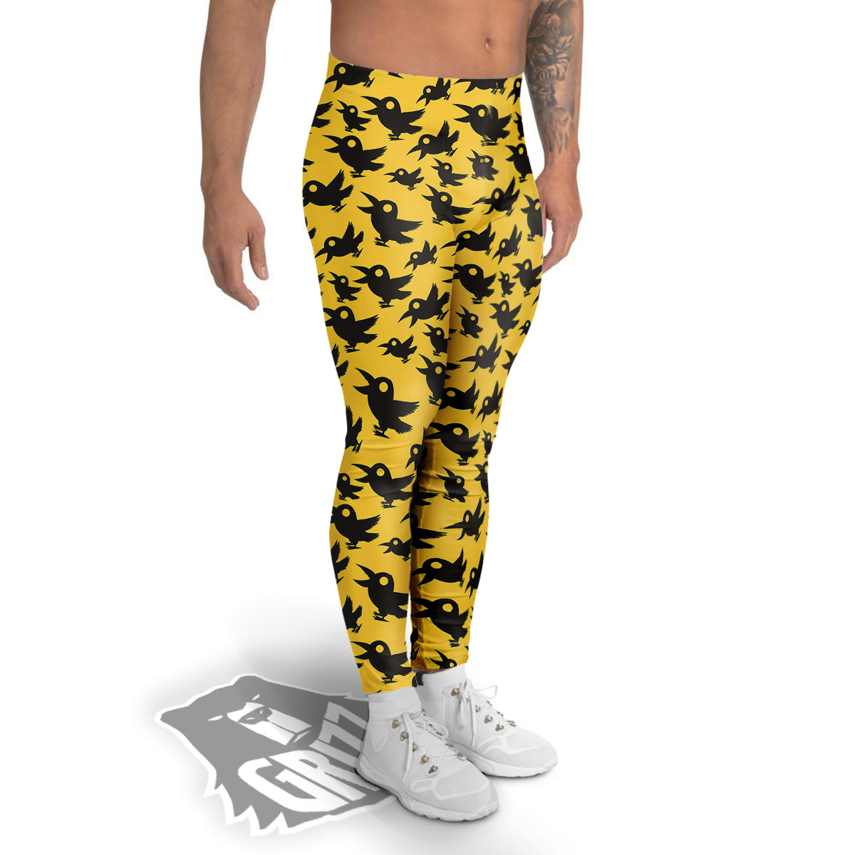 Black Crow Yellow Print Pattern Men's Leggings-grizzshop