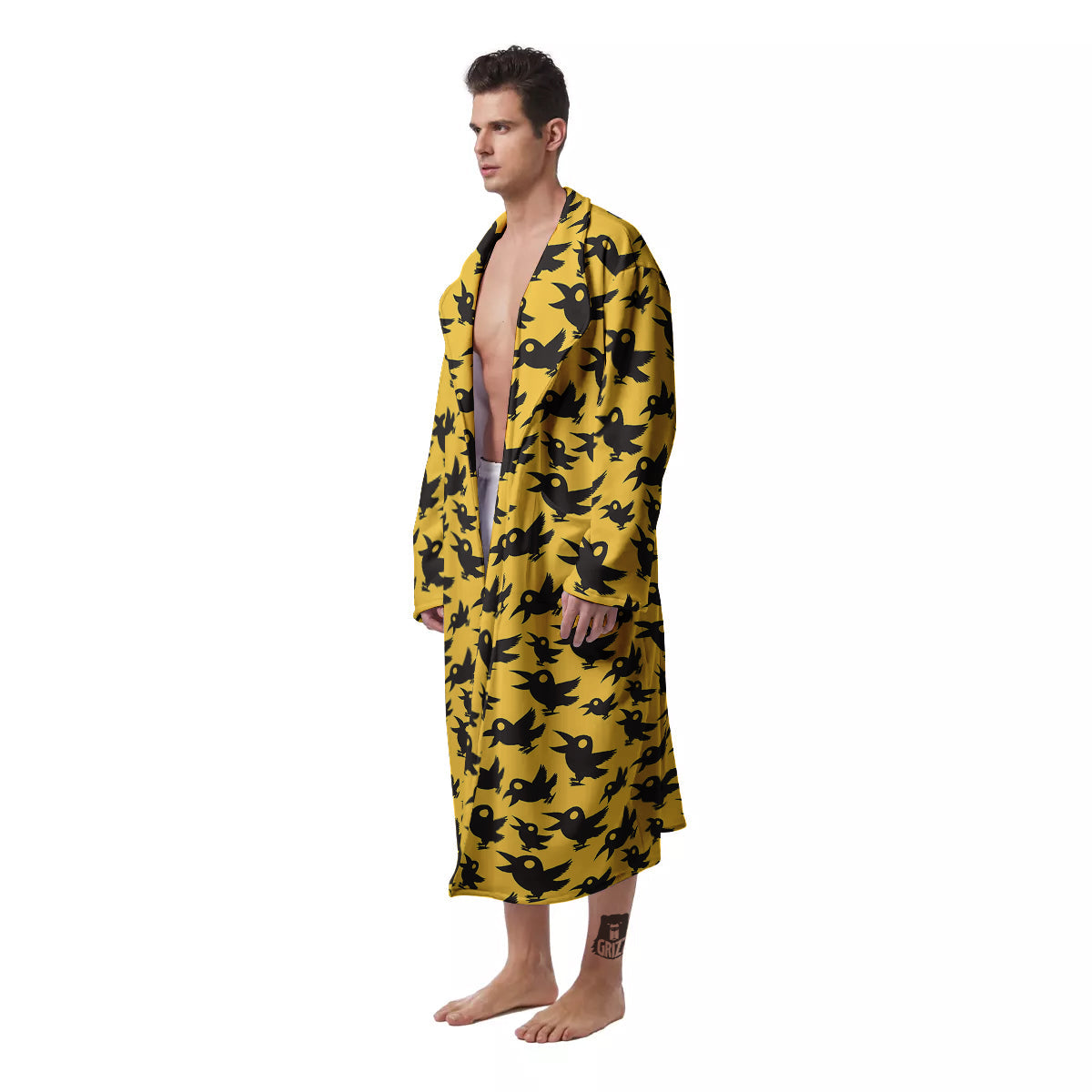 Black Crow Yellow Print Pattern Men's Robe-grizzshop