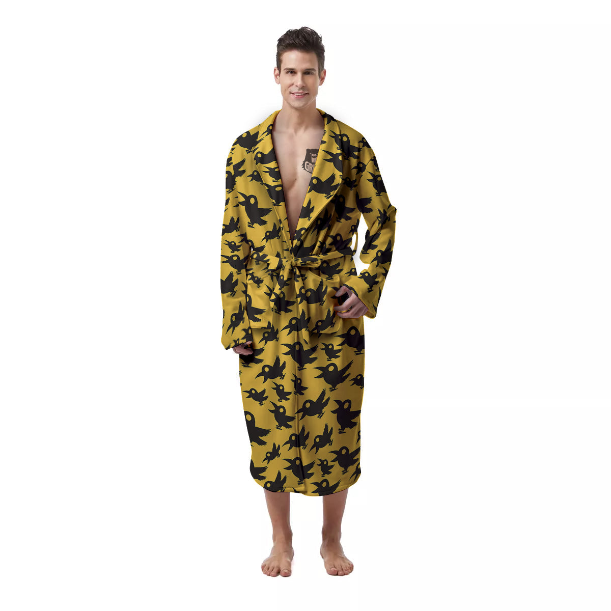 Black Crow Yellow Print Pattern Men's Robe-grizzshop