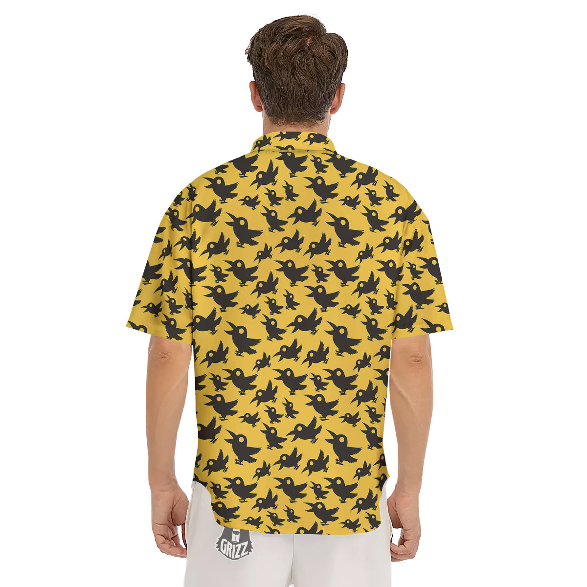 Black Crow Yellow Print Pattern Men's Short Sleeve Shirts-grizzshop