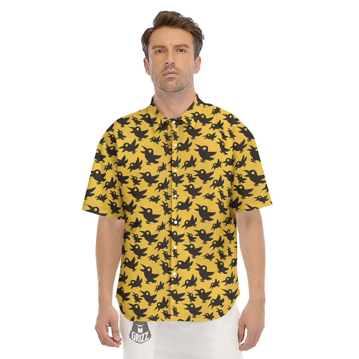 Black Crow Yellow Print Pattern Men's Short Sleeve Shirts-grizzshop