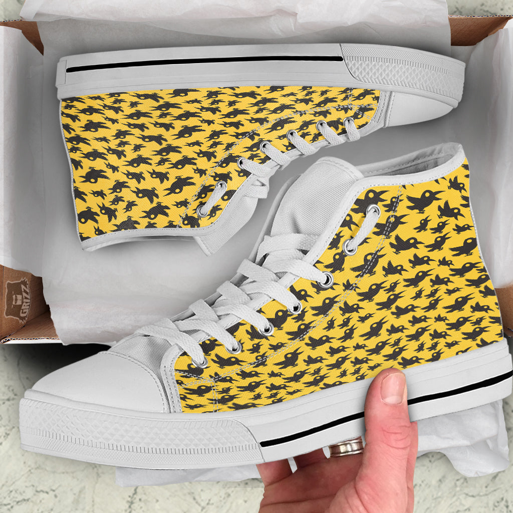 Black Crow Yellow Print Pattern White High Top Shoes-grizzshop