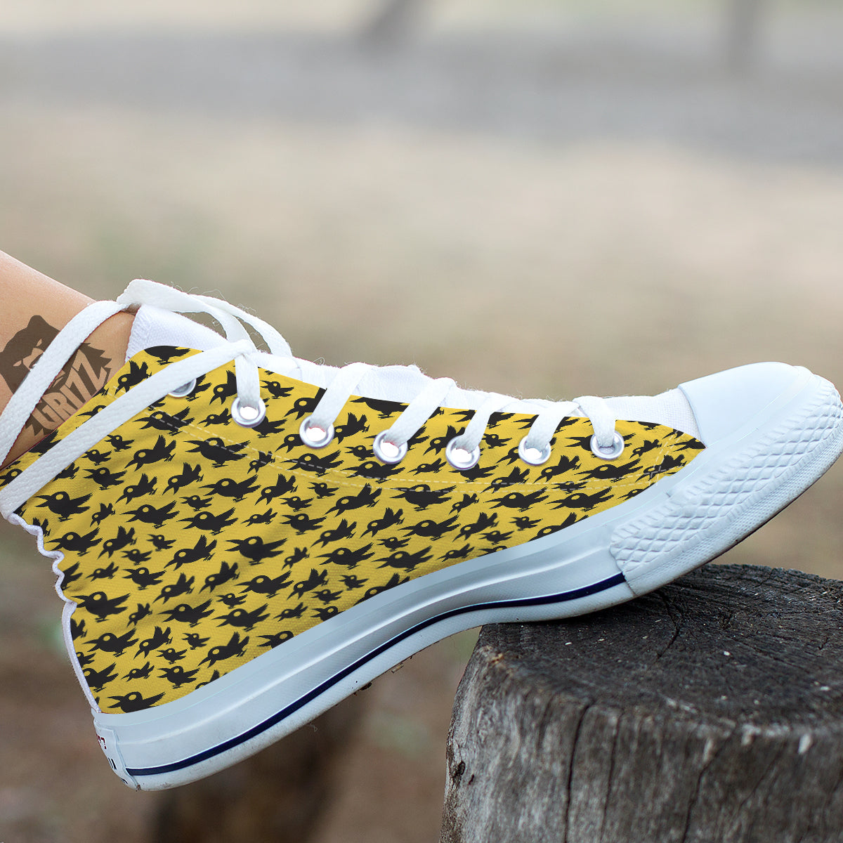 Black Crow Yellow Print Pattern White High Top Shoes-grizzshop