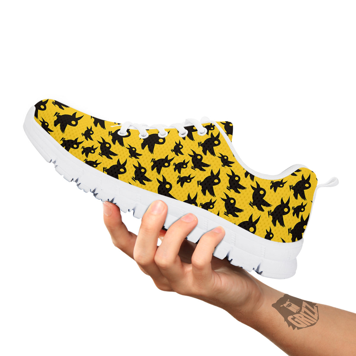 Black Crow Yellow Print Pattern White Sneaker-grizzshop