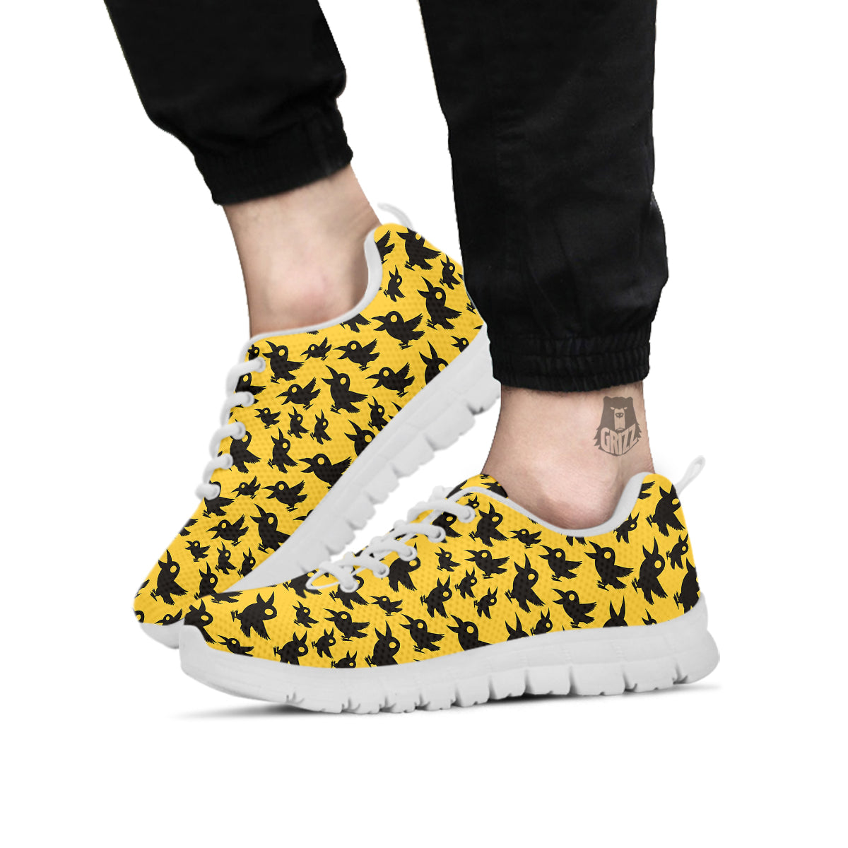 Black Crow Yellow Print Pattern White Sneaker-grizzshop