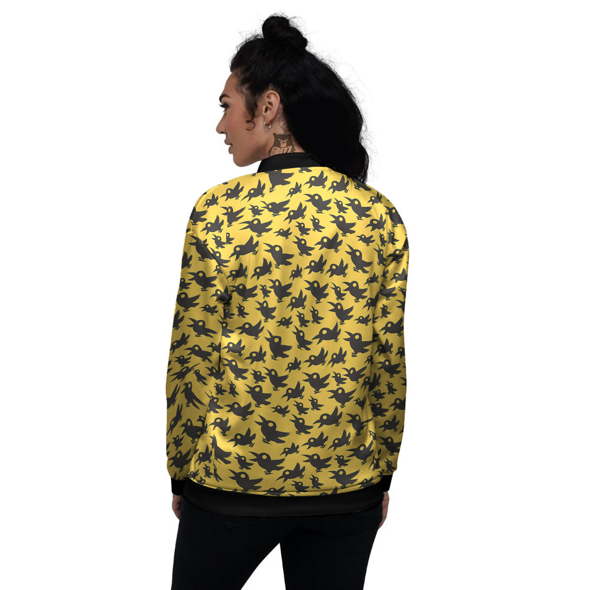 Black Crow Yellow Print Pattern Women's Bomber Jacket-grizzshop