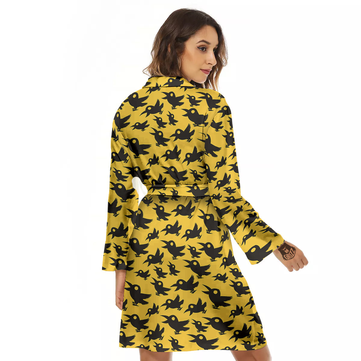 Black Crow Yellow Print Pattern Women's Robe-grizzshop