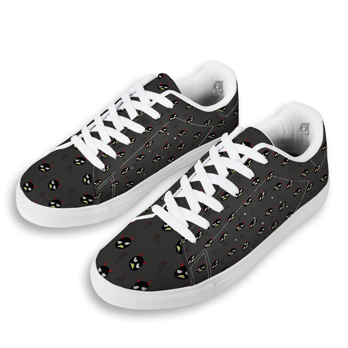 Black Demon Cartoon Print Pattern White Low Top Sneakers-grizzshop