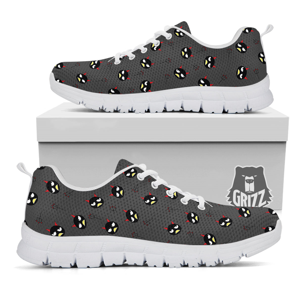 Black Demon Cartoon Print Pattern White Sneaker-grizzshop