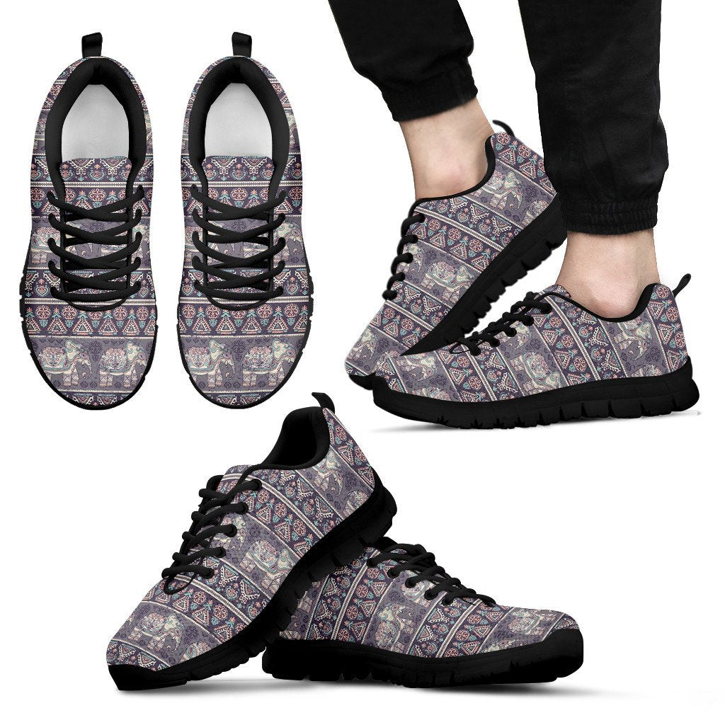 Black Elephant Aztec Pattern Print Black Sneaker Shoes For Men Women-grizzshop