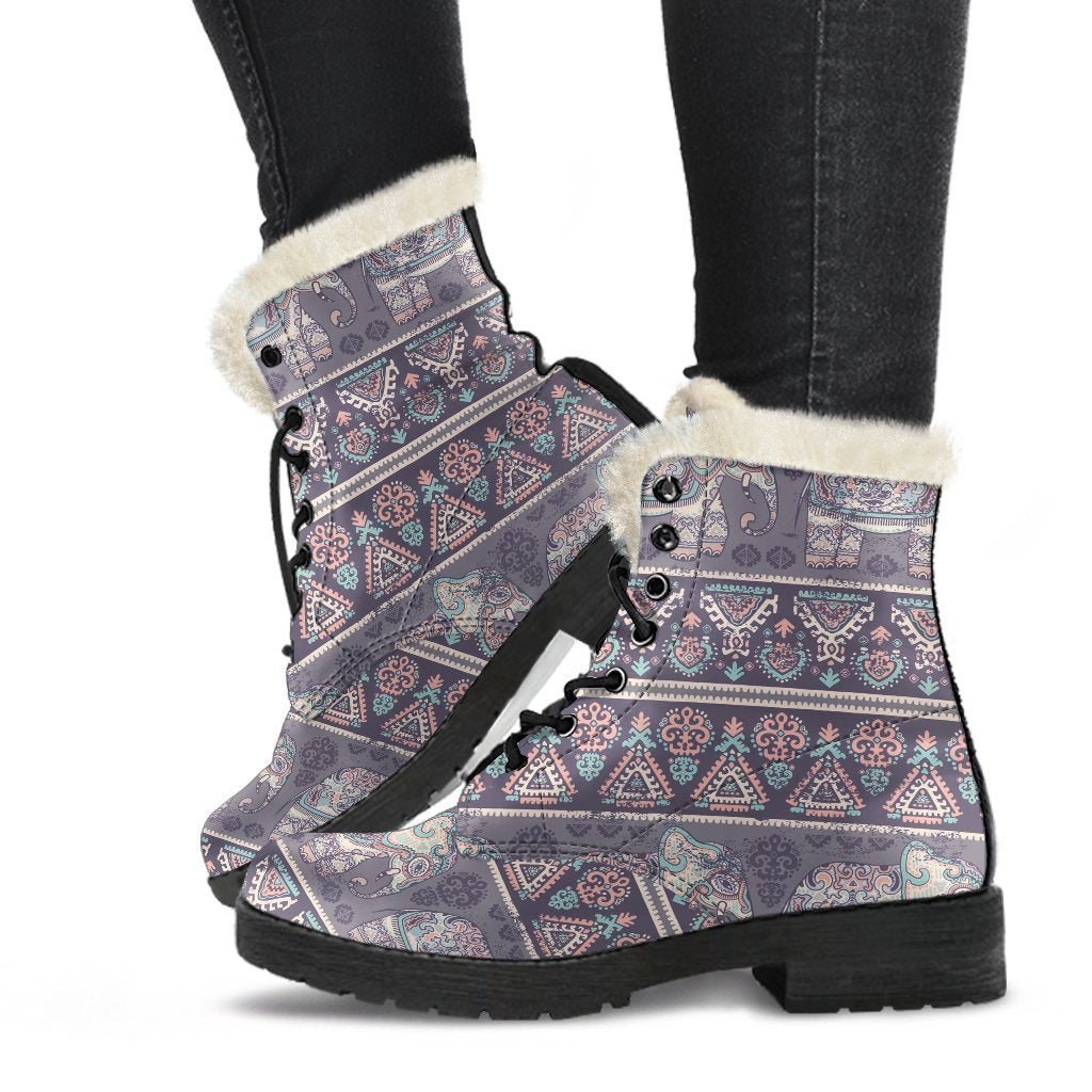 Black Elephant Aztec Pattern Print Comfy Winter Boots-grizzshop