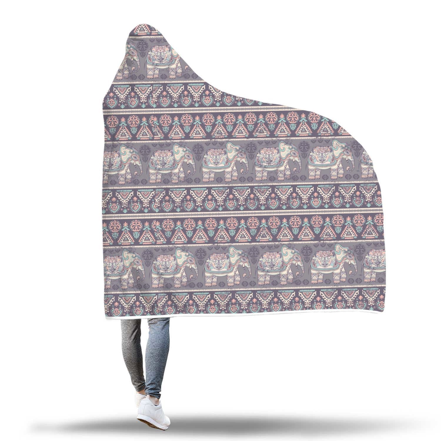 Black Elephant Aztec Pattern Print Hooded Blanket-grizzshop