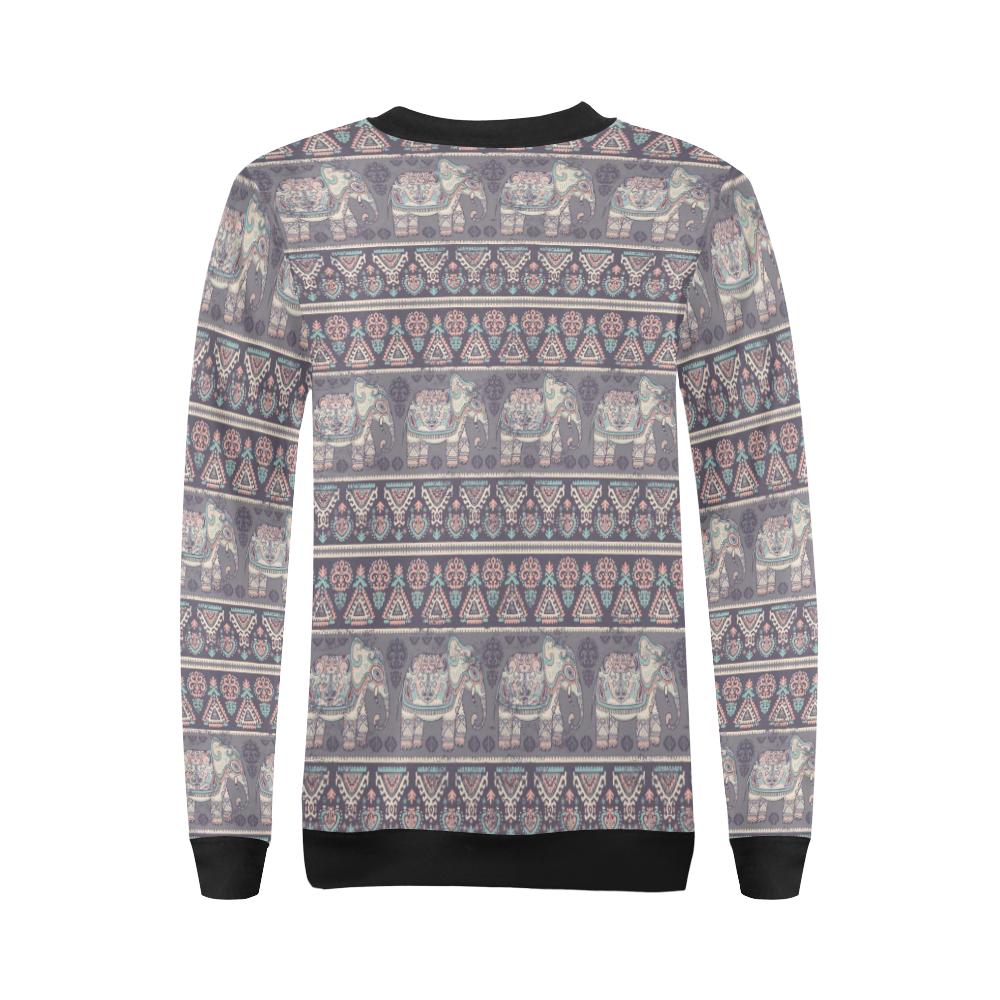 Black Elephant Aztec Pattern Print Women Crewneck Sweatshirt-grizzshop