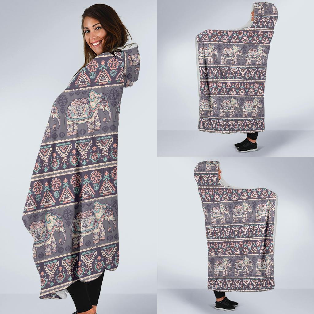 Black Elephant Aztec Pattern Prints Hooded Blanket-grizzshop