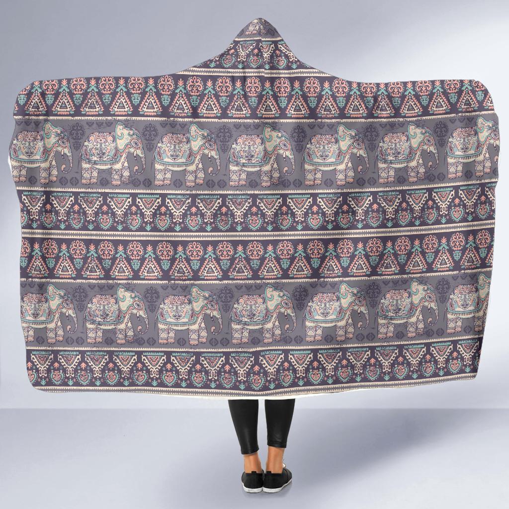 Black Elephant Aztec Pattern Prints Hooded Blanket-grizzshop