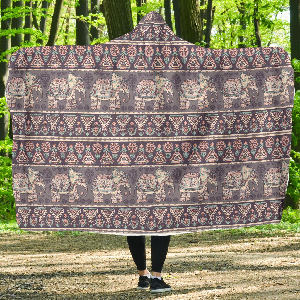 Black Elephant Aztec Pattern Prints Hooded Blanket-grizzshop