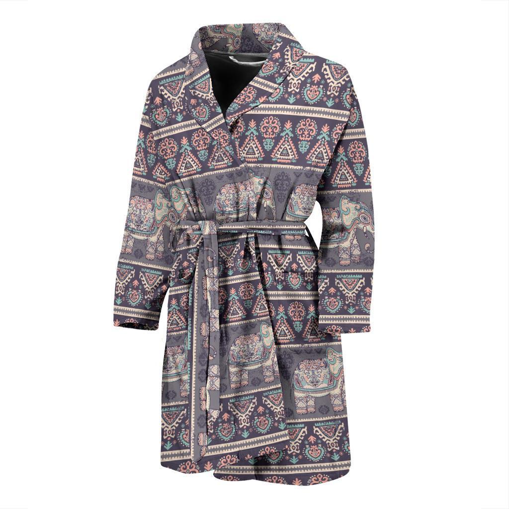 Black Elephant Aztec Pattern Prints Men Long Robe-grizzshop