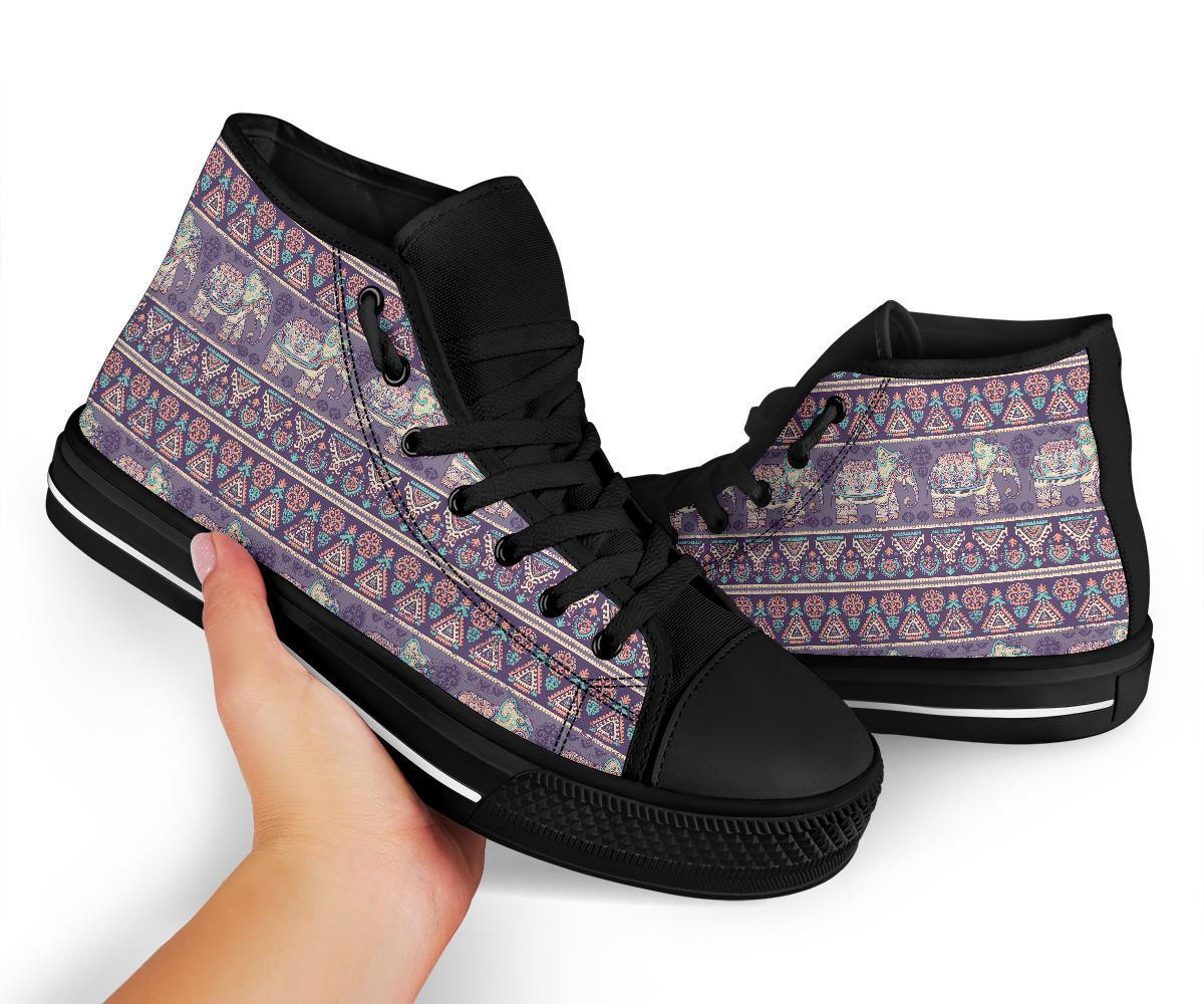 Black Elephant Aztec Pattern Prints Men Women's High Top Shoes-grizzshop