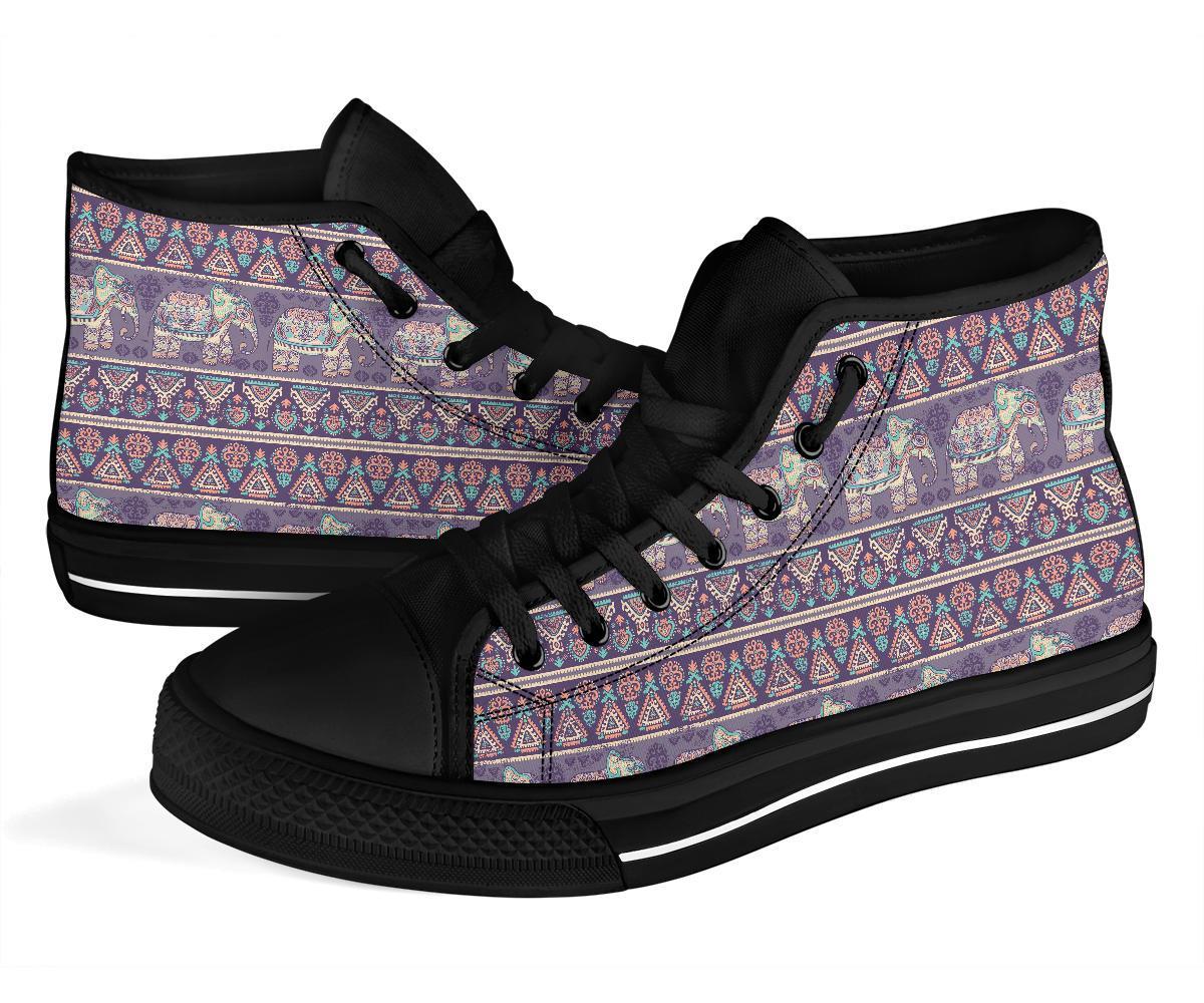 Black Elephant Aztec Pattern Prints Men Women's High Top Shoes-grizzshop