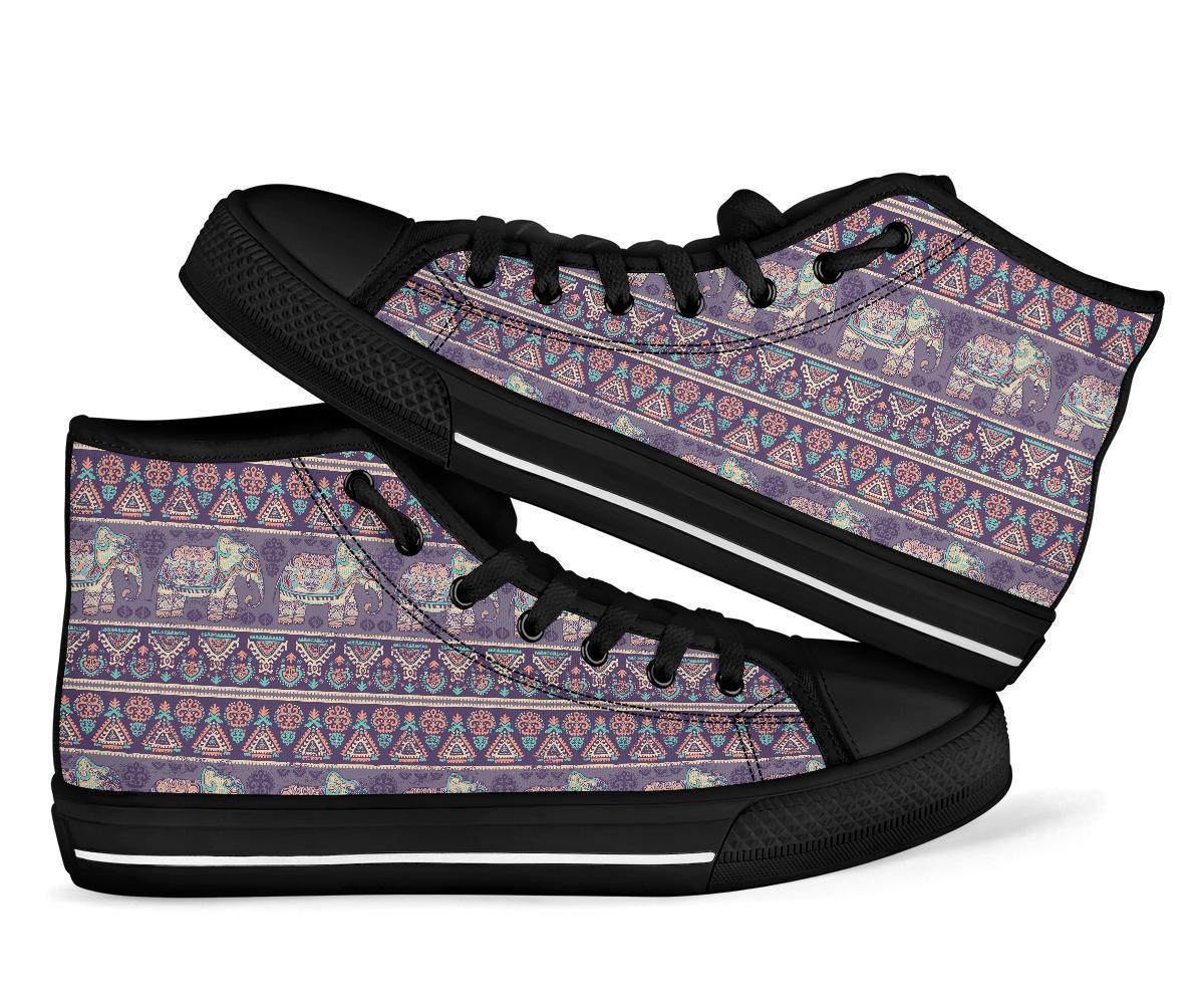 Black Elephant Aztec Pattern Prints Men Women's High Top Shoes-grizzshop