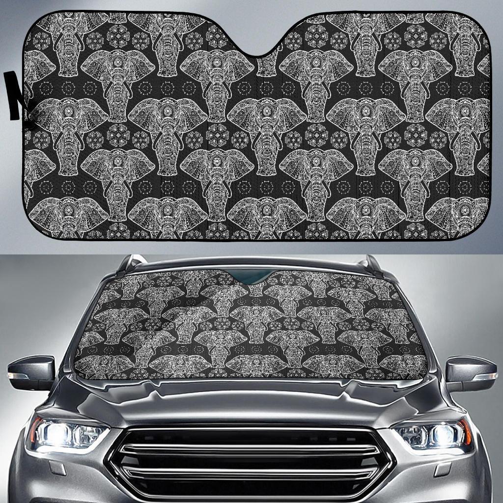 Black Elephant Mandala Print Car Sun Shade-grizzshop