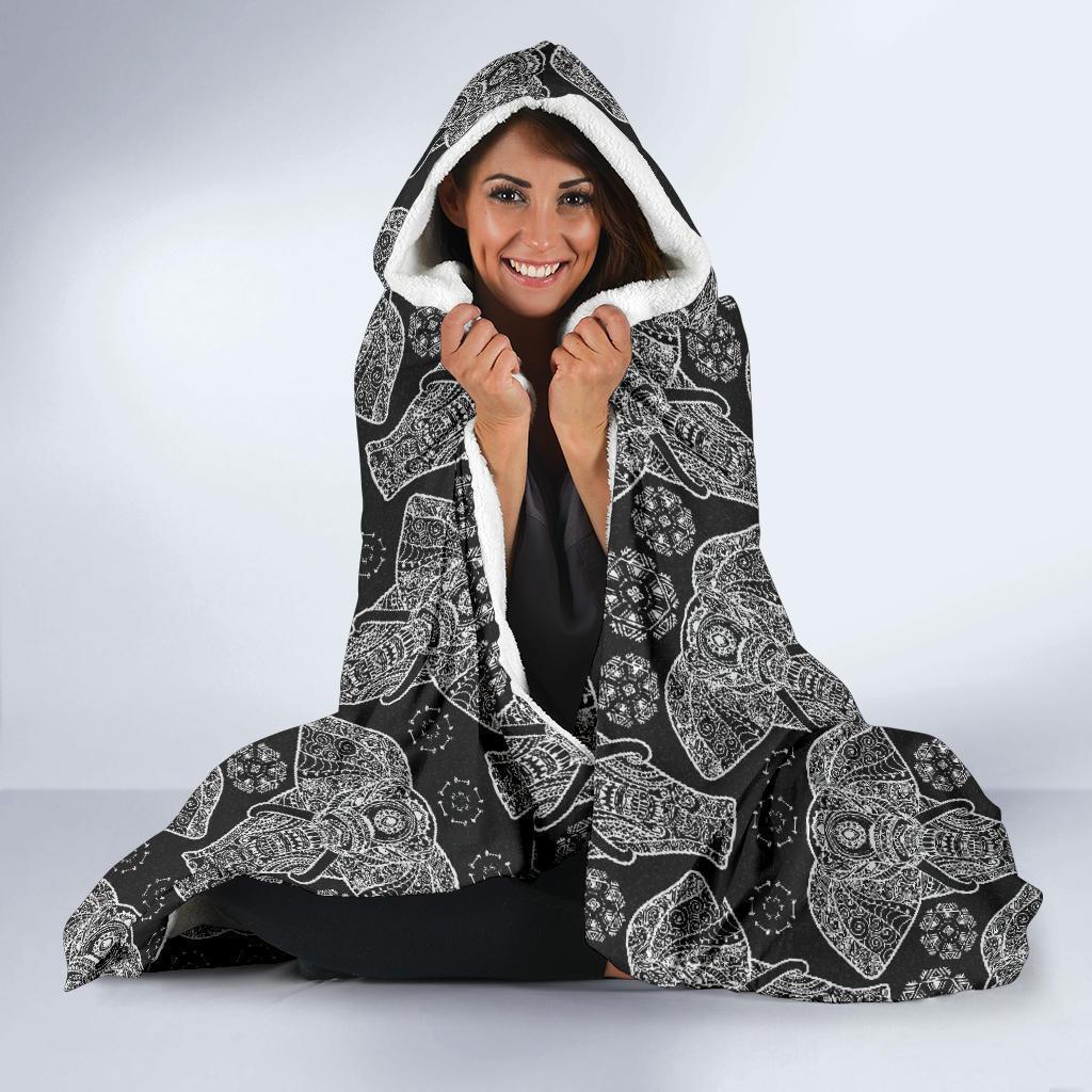 Black Elephant Mandala Print Hooded Blanket-grizzshop