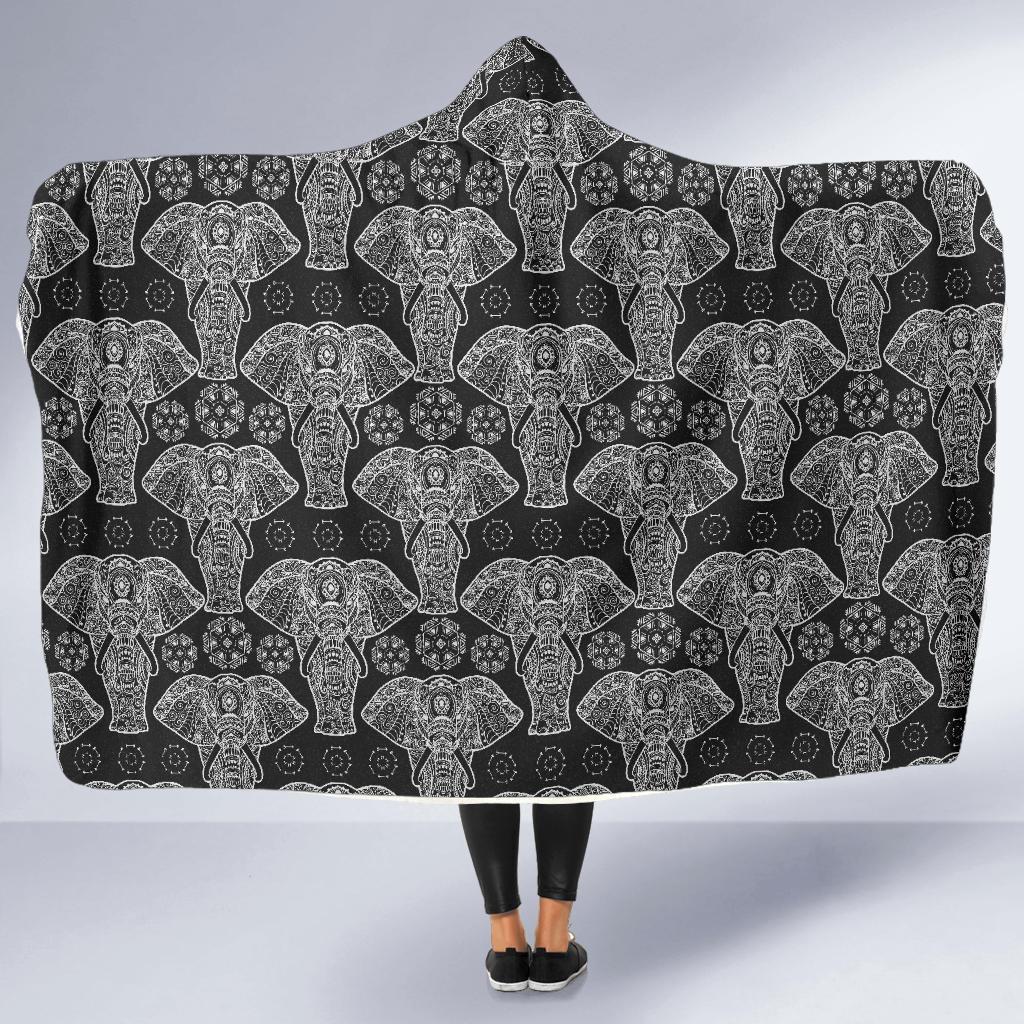 Black Elephant Mandala Print Hooded Blanket-grizzshop