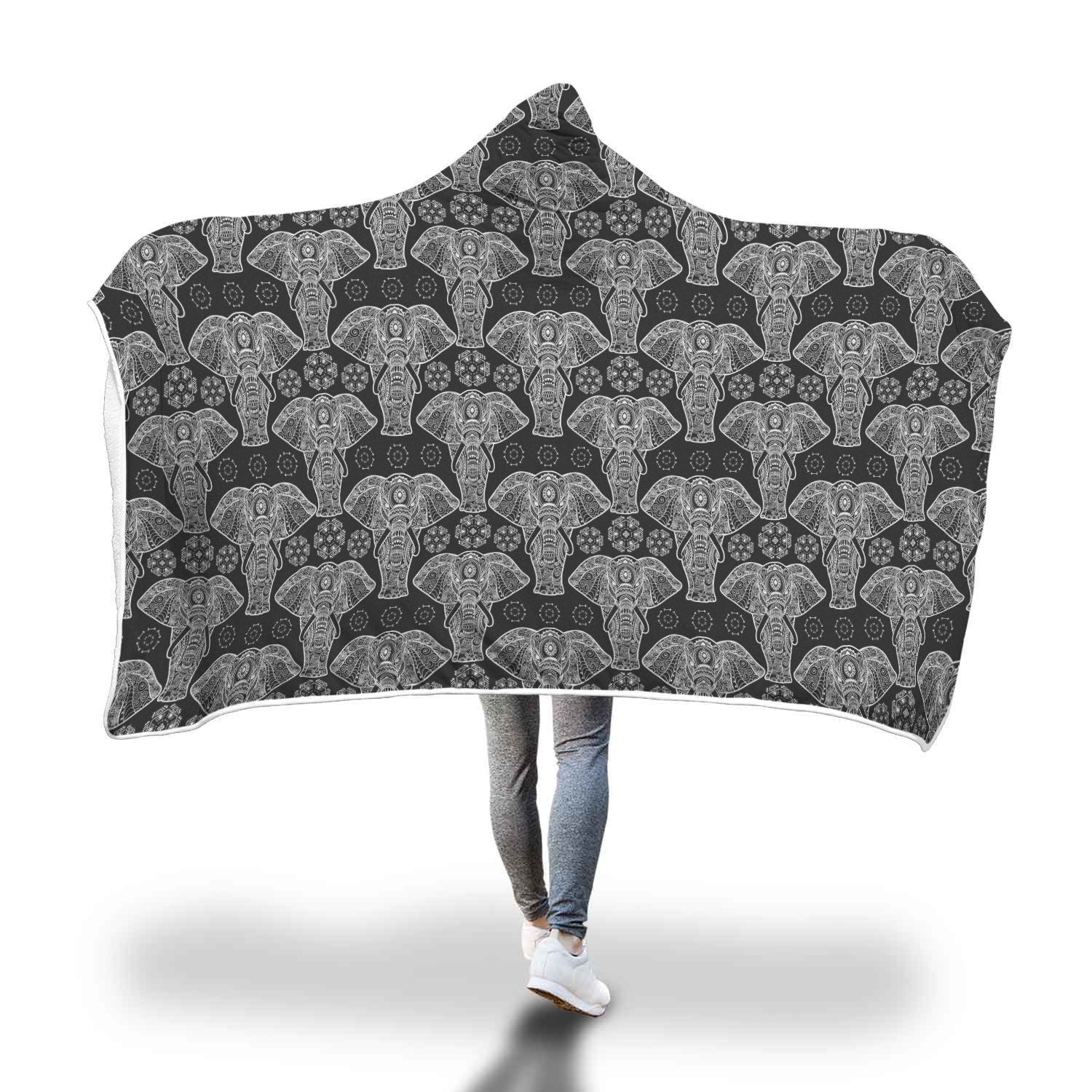 Black Elephant Mandala Print Hooded Blanket-grizzshop