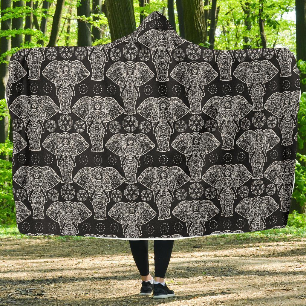 Black Elephant Mandala Print Hooded Blanket-grizzshop