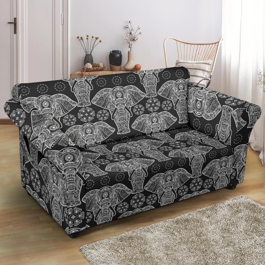 Black Elephant Mandala Print Loveseat Cover-grizzshop