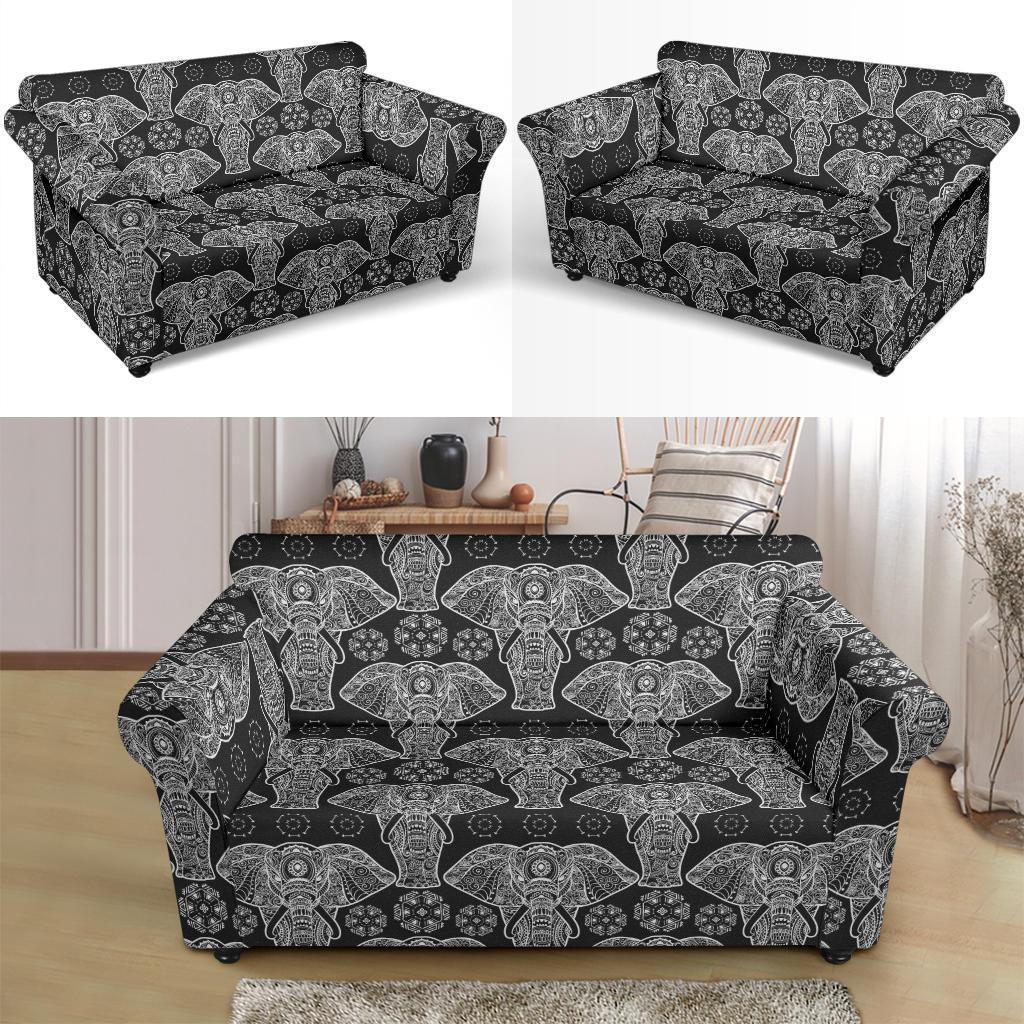 Black Elephant Mandala Print Loveseat Cover-grizzshop