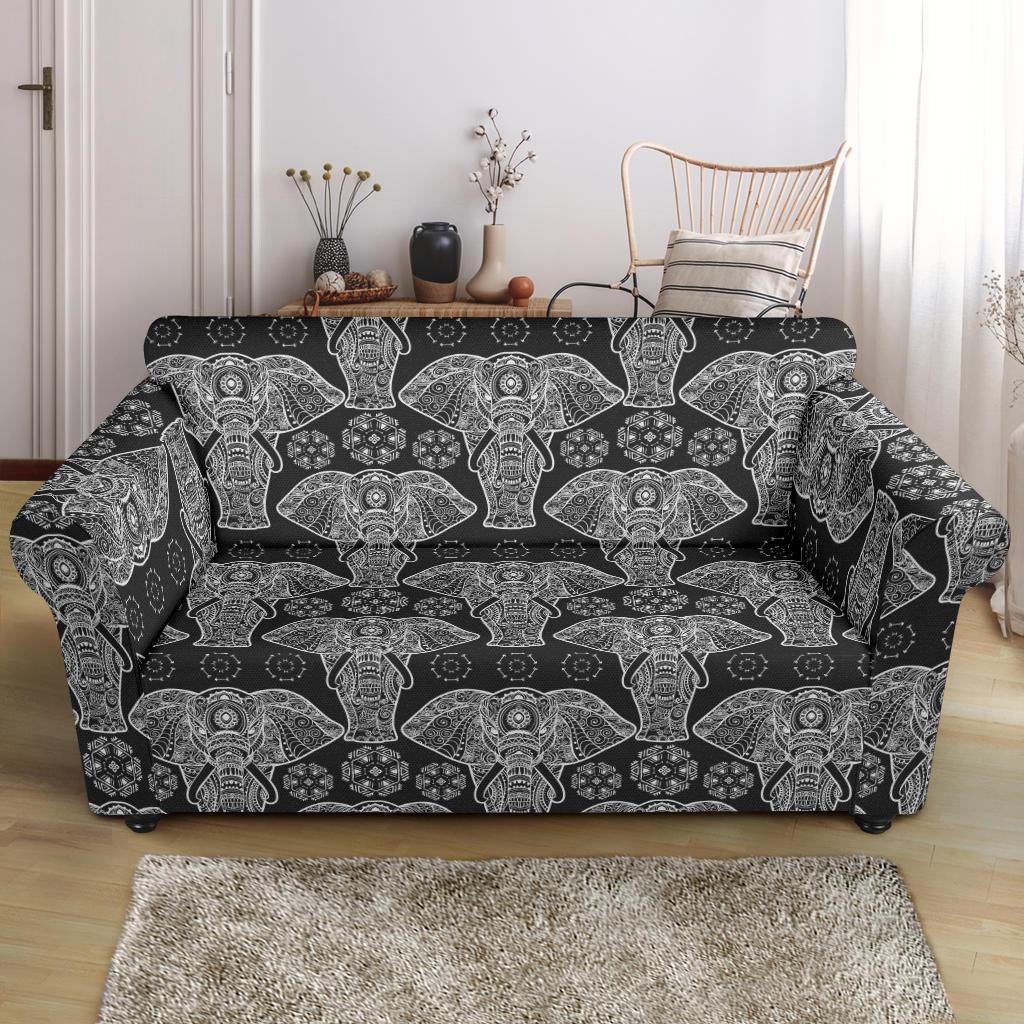 Black Elephant Mandala Print Loveseat Cover-grizzshop