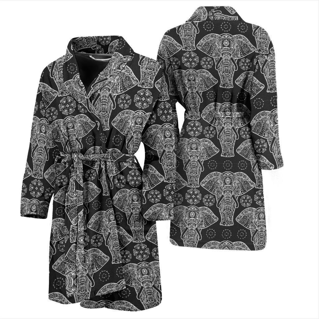 Black Elephant Mandala Print Men Long Robe-grizzshop