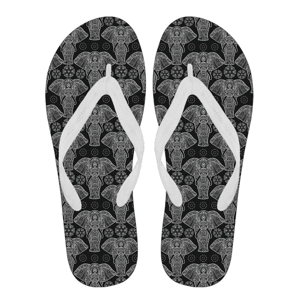 Black Elephant Mandala Print Men & Women Flip Flops-grizzshop