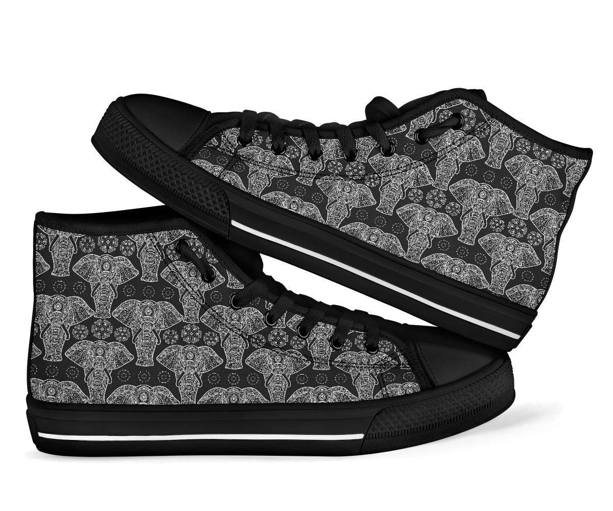 Black Elephant Mandala Print Men Women's High Top Shoes-grizzshop