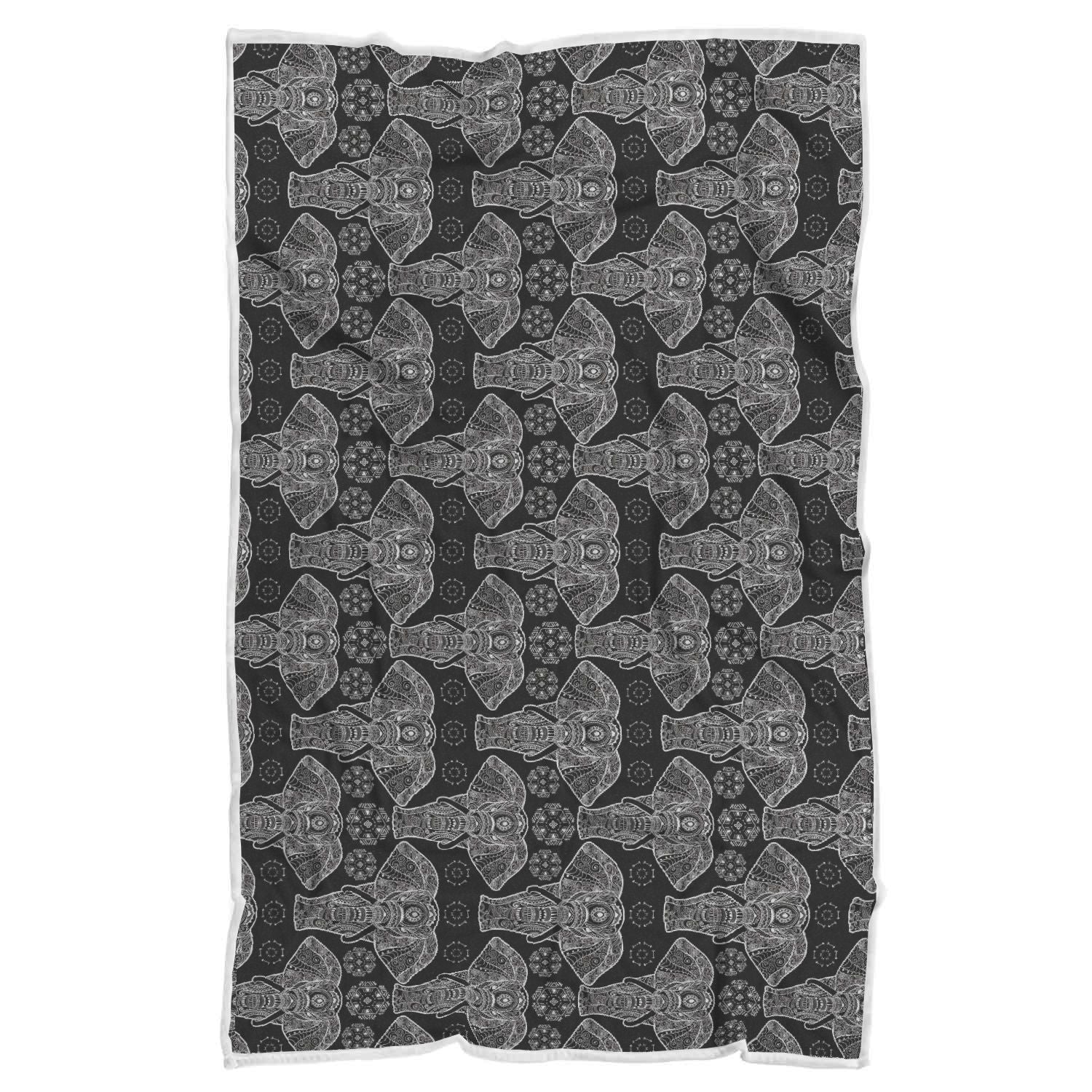 Black Elephant Mandala Print Throw Blanket-grizzshop