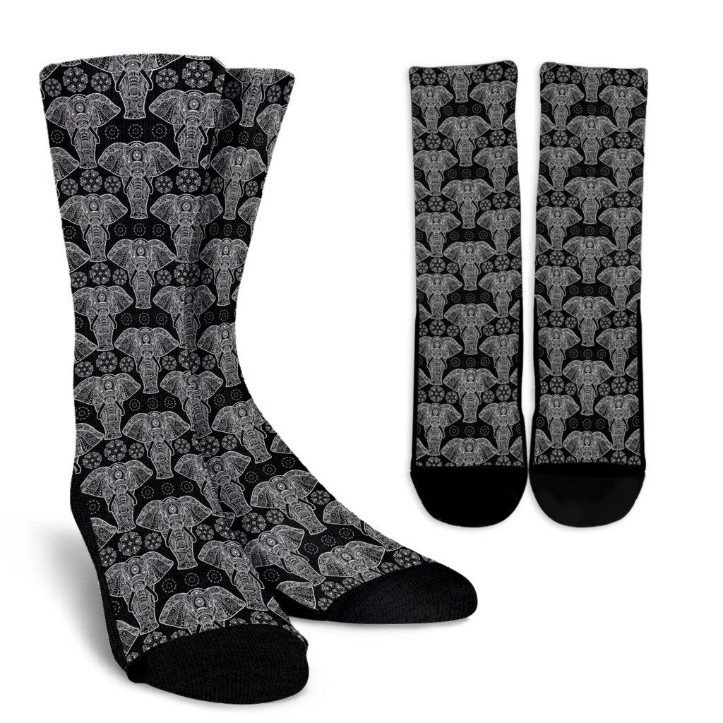 Black Elephant Mandala Print Unisex Crew Socks-grizzshop